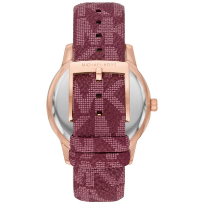 Back view of Michael Kors Tibby watch case with burgundy leather strap attachment