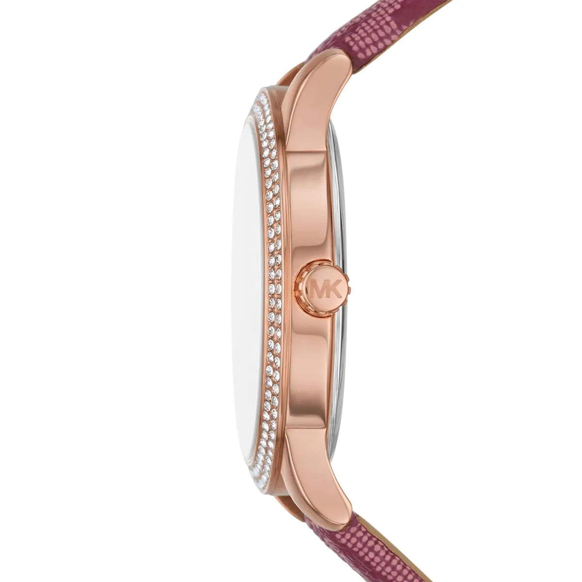 Side profile of Michael Kors Tibby watch showing rose gold case and burgundy strap