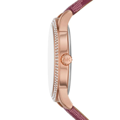 Side profile of Michael Kors Tibby watch showing rose gold case and burgundy strap
