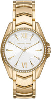 Michael Kors Whitney gold-tone women's watch with crystal bezel, white dial, and Roman numerals