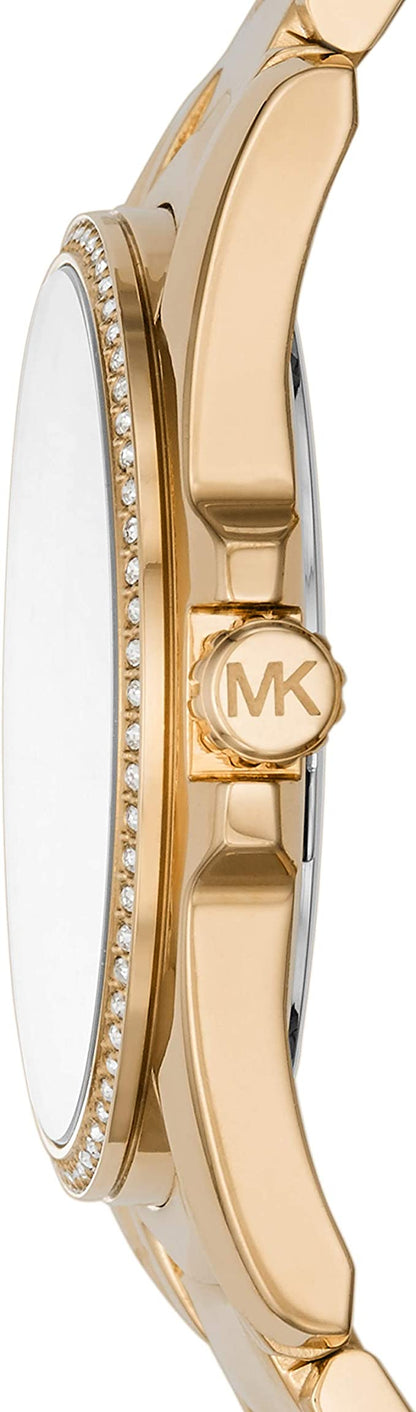 Michael Kors Whitney gold-tone women's watch shown from side view with chevron bracelet