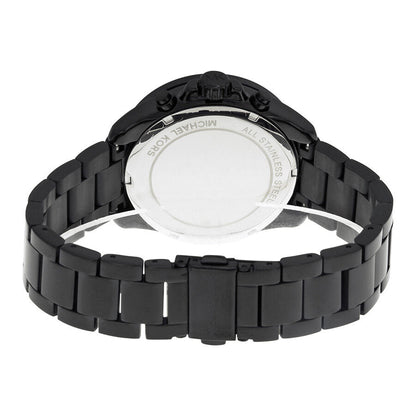 Back of Michael Kors Wren watch showing case back and black ion-plated bracelet