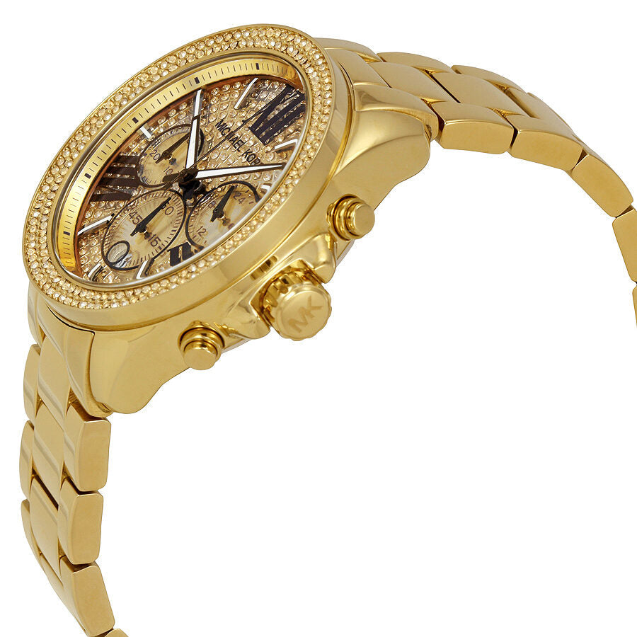 Michael Kors Wren MK6095 side angle view showing gold bracelet and chronograph pushers