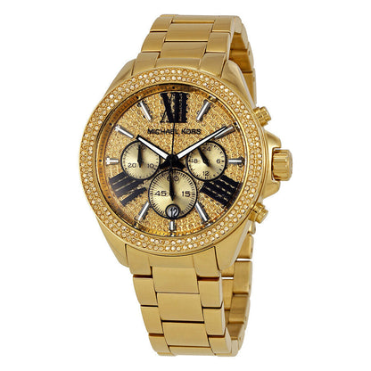 Michael Kors Wren MK6095 gold chronograph watch with crystal pave bezel and patterned dial