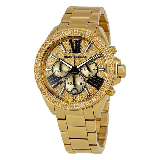 Michael Kors Wren MK6095 gold chronograph watch with crystal pave bezel and patterned dial