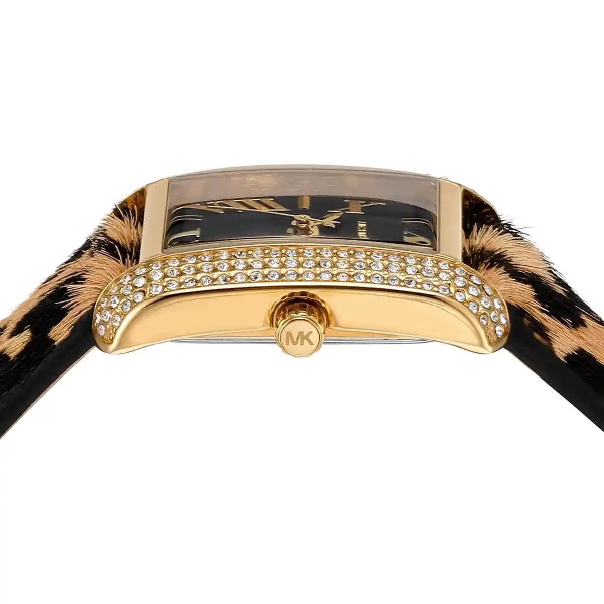 Angled view of Michael Kors Emery watch displaying case depth and crystal details