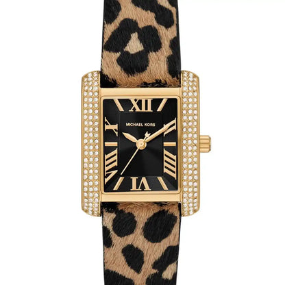 Michael Kors Emery women's watch with black dial, Roman numerals, gold case, and leopard print leather strap