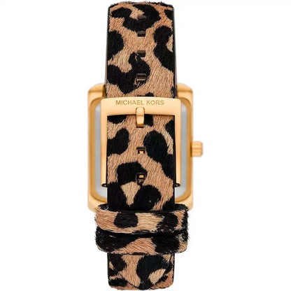 Top-down view of Michael Kors Emery watch with leopard print leather strap