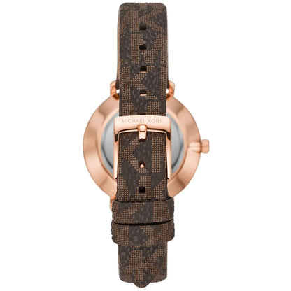 Three-quarter view of Michael Kors Pyper watch with brown leather strap and rose gold case