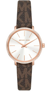 Michael Kors Pyper women's watch with white dial, rose gold case, crystal bezel, and brown patterned leather strap