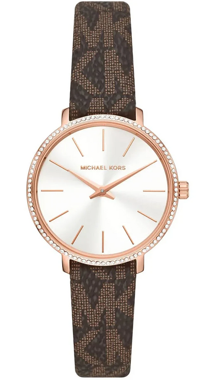 Michael Kors Pyper women's watch with white dial, rose gold case, crystal bezel, and brown patterned leather strap