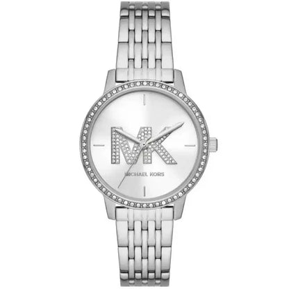 Michael Kors St. Moritz silver-tone women's watch with crystal bezel and MK logo dial