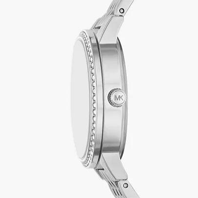 Michael Kors St. Moritz watch side view showing crystal-embellished bezel and bracelet