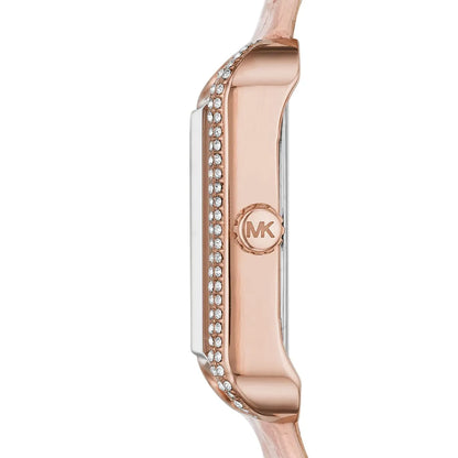 Michael Kors MK2763 watch side view showing rose gold-tone case with crystal bezel and pink leather strap