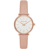 Michael Kors Pyper women's watch with white dial, crystal-bezel, rose-gold case, and pink leather strap