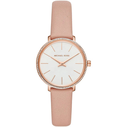 Michael Kors Pyper women's watch with white dial, crystal-bezel, rose-gold case, and pink leather strap