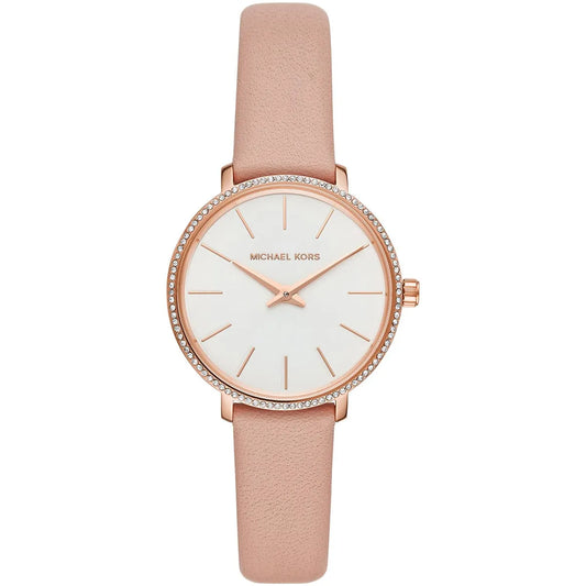 Michael Kors Pyper women's watch with white dial, crystal-bezel, rose-gold case, and pink leather strap