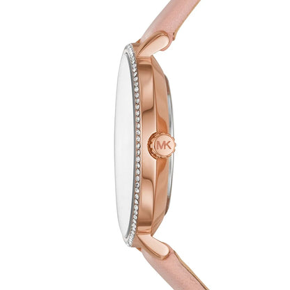 Side view of Michael Kors Pyper watch showing rose-gold case and crystal-set bezel