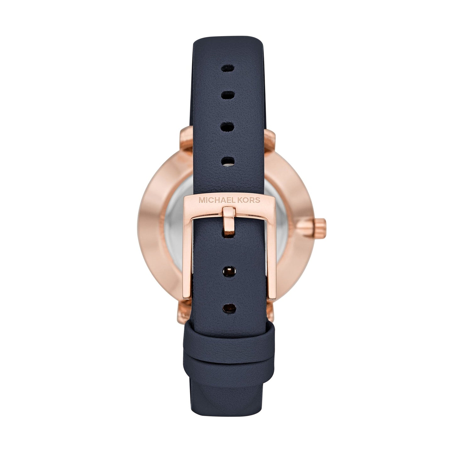 Back view of MK2804 displaying rose gold case back and navy leather strap with buckle