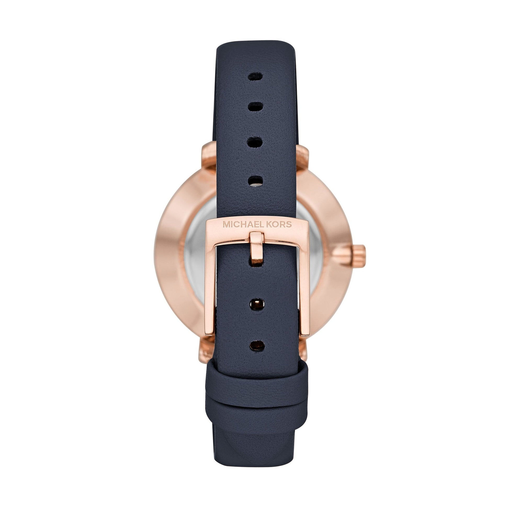 Back view of MK2804 displaying rose gold case back and navy leather strap with buckle