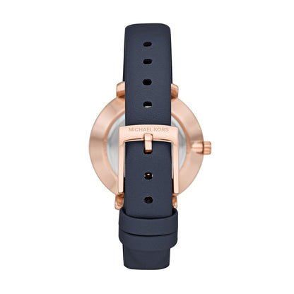 Back view of MK2804 displaying rose gold case back and navy leather strap with buckle