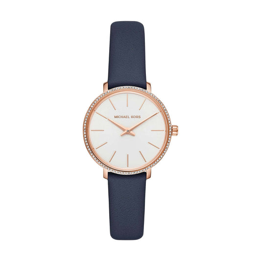 Michael Kors Pyper rose gold-tone watch with white dial and navy blue leather strap