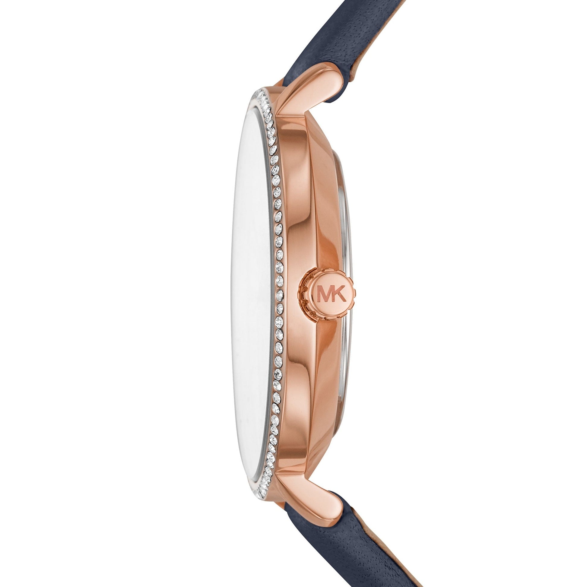 Side profile of MK2804 showing rose gold case depth and crystal-set bezel detail