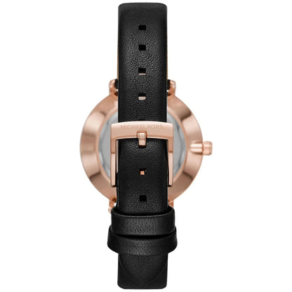 Back view of Michael Kors Pyper watch showing rose gold case back and black leather strap