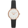 Michael Kors Pyper women's watch with white dial, rose gold case with crystal bezel, and black leather strap