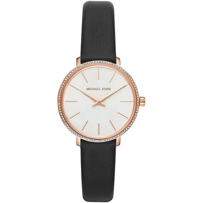 Michael Kors Pyper women's watch with white dial, rose gold case with crystal bezel, and black leather strap