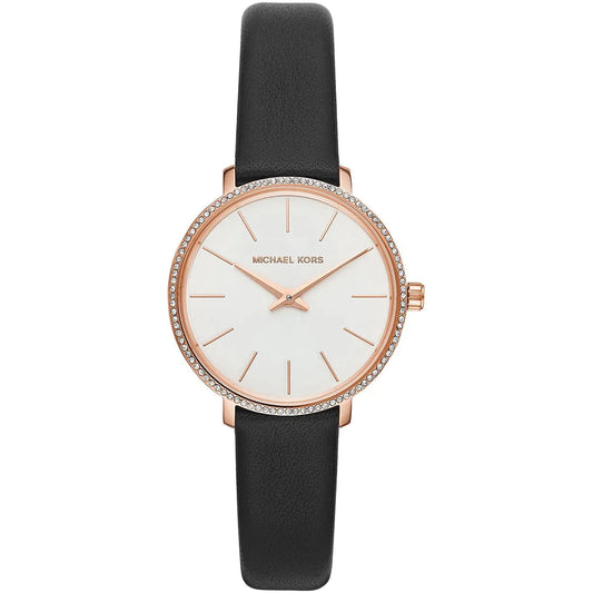 Michael Kors Pyper women's watch with white dial, rose gold case with crystal bezel, and black leather strap