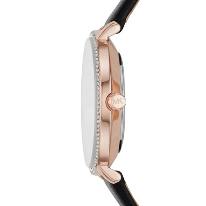 Side profile of Michael Kors Pyper watch displaying crystal-set bezel and rose gold case