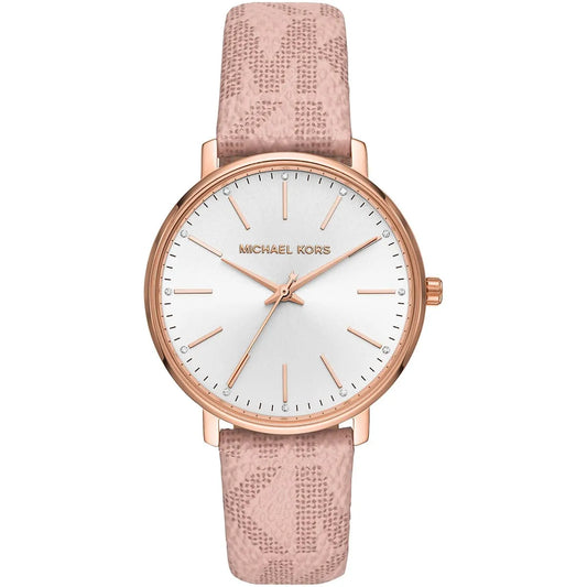Michael Kors Pyper women's watch with silver dial, rose gold case, and pink leather strap