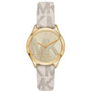 Michael Kors Mini Jaycie watch with gold dial and beige patterned canvas strap