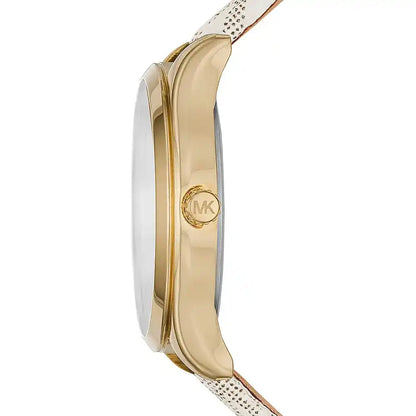 Side view of gold-tone Michael Kors Mini Jaycie watch with beige canvas strap