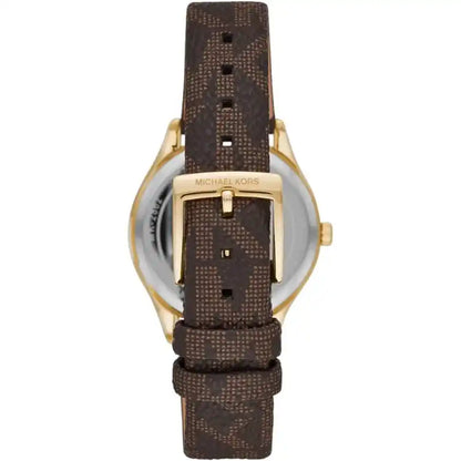 Brown patterned leather strap with gold-tone buckle on Michael Kors Jaycie watch