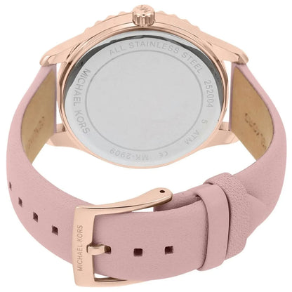 Michael Kors Layton watch caseback showing case details and pink leather strap with buckle