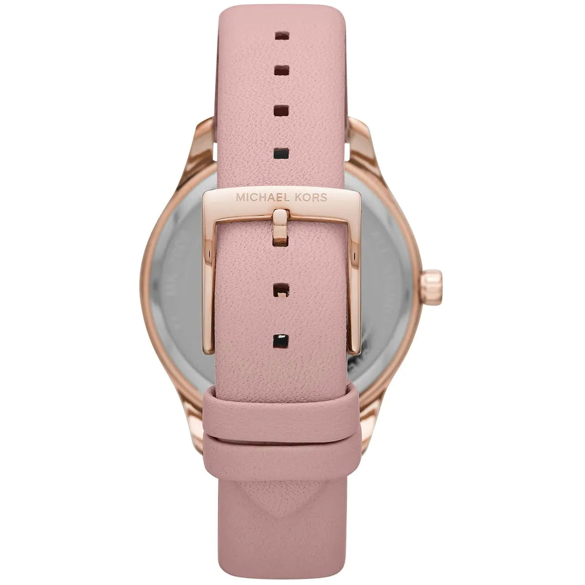 Michael Kors Layton watch caseback with stainless steel case and rose gold hardware