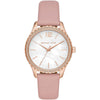 Michael Kors Layton women's watch with white dial, rose gold case, crystal bezel, and pink leather strap