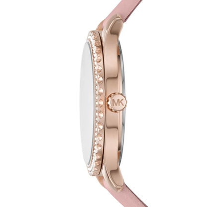 Michael Kors Layton watch side profile showing rose gold case thickness and pink leather strap