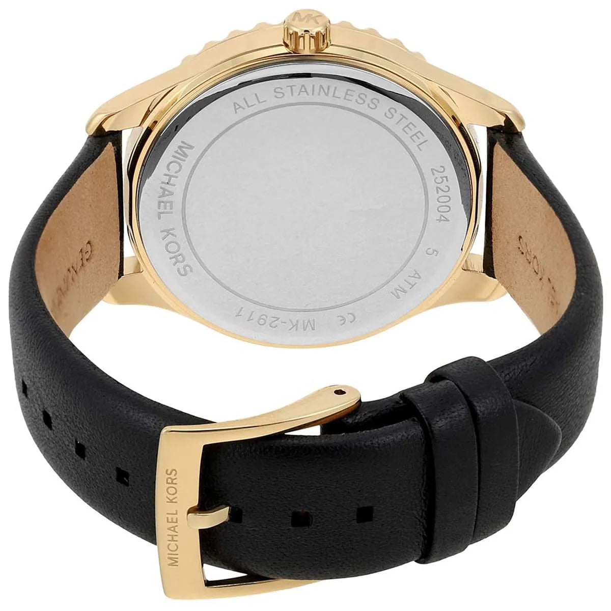 Caseback of Michael Kors Layton watch showing stainless steel with model number