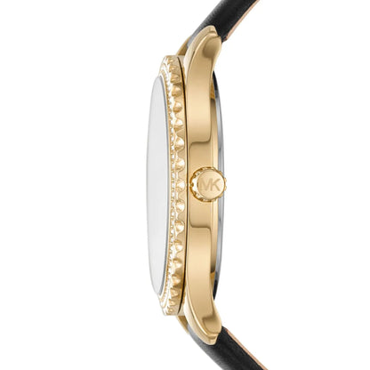 Side profile of Michael Kors Layton watch showing gold-tone case and black leather strap