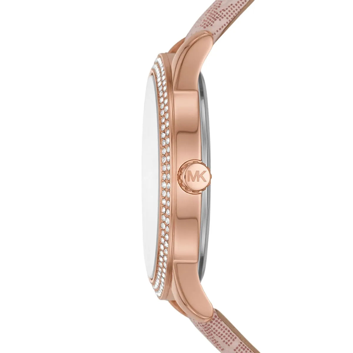 Side view of Michael Kors Tibby watch showing rose-gold case profile with crystal bezel and pink strap