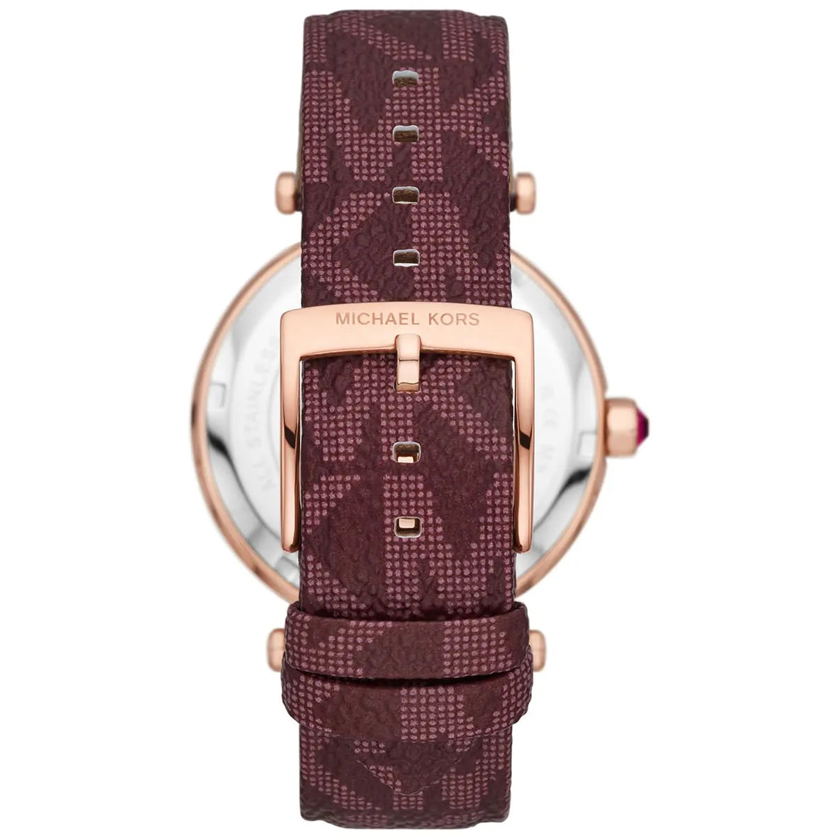 Three-quarter angle view of Parker watch with rose gold crown and merlot monogram strap