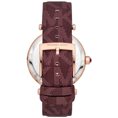 Three-quarter angle view of Parker watch with rose gold crown and merlot monogram strap