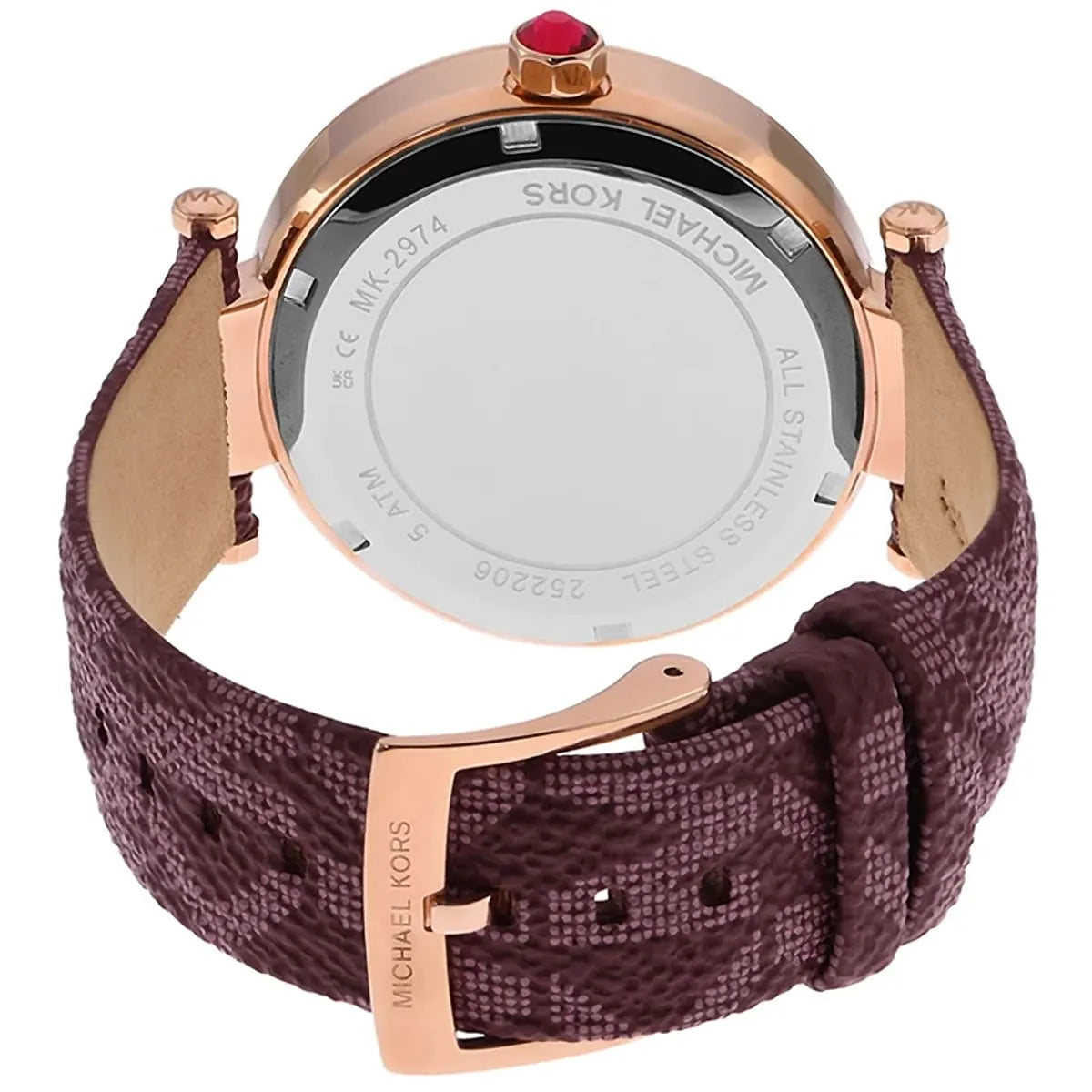 MK2974 caseback showing transparent display with Michael Kors branding and specifications