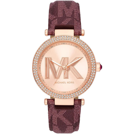 Michael Kors Parker women's watch with rose gold case, crystal bezel, merlot monogram strap