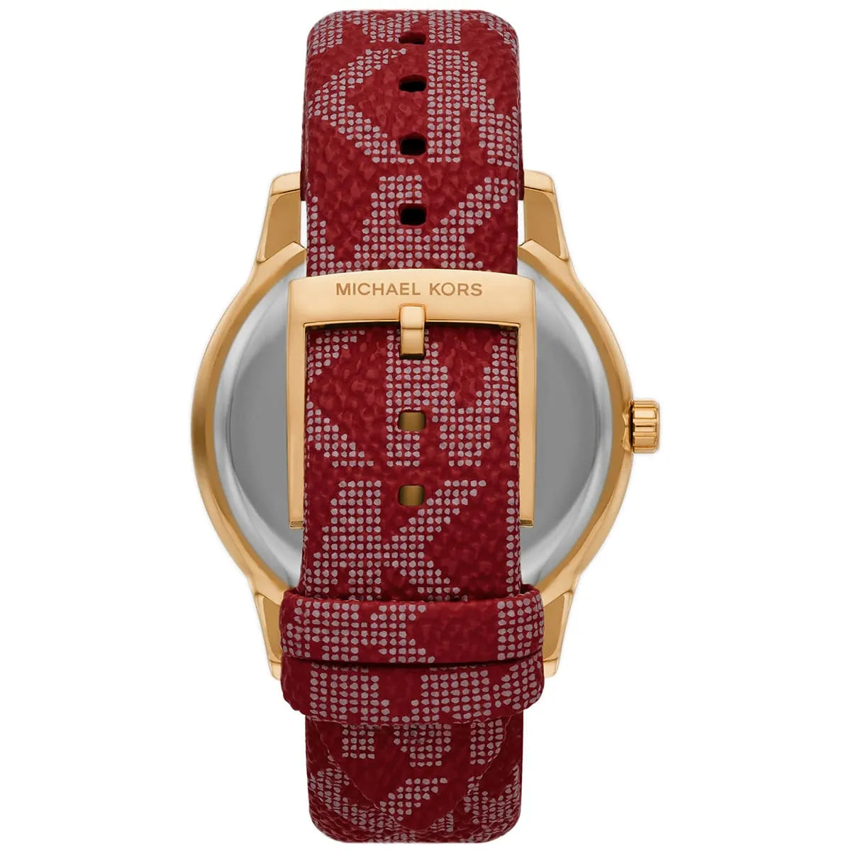 Back view of Michael Kors Tibby watch displaying MK logo on caseback and red MK logo strap