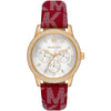 Michael Kors Tibby multifunction watch with white dial, three subdials, crystal bezel, gold case, and red MK logo strap
