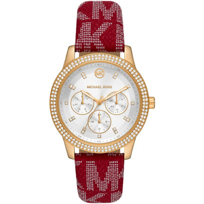 Michael Kors Tibby multifunction watch with white dial, three subdials, crystal bezel, gold case, and red MK logo strap